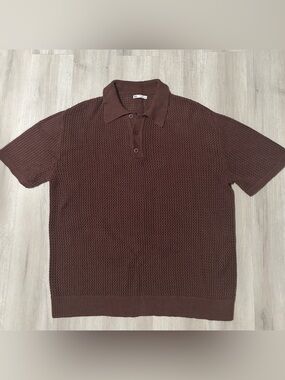 Zara Knitted Brown Waffle Pattern Short Sleeve Mens Polo Size XL